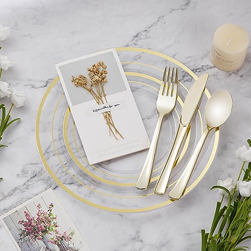 BESTVIP 50PCS Clear Gold Plastic Plates, 10.25 Inch Disposable Dinner Plate Party with Gold Rim, Heavy Duty Disposable Plastic Plates for Christmas, Thanksgiving, Party, Wedding and Birthday - color: Clear Gold, size: 50PC