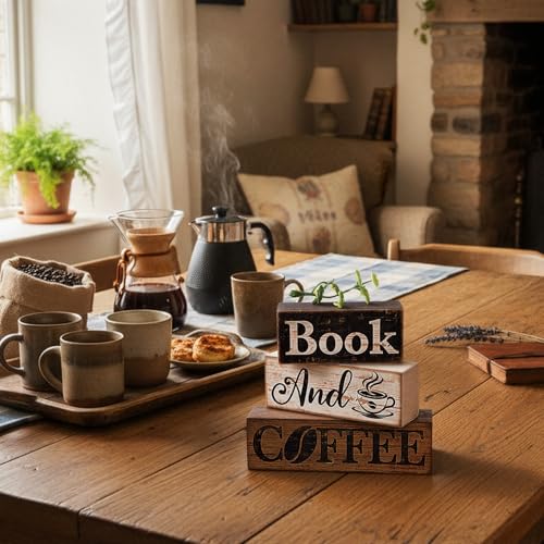Moucuny 4 Pcs Farmhouse Table Decor Rustic Wooden "book and Coffee" Stacked Block Sign - Vintage Farmhouse Tiered Tray Decor with Coffee Cup & Bean Design, Perfect for Home Office Bookshelf Display - style: Coffee