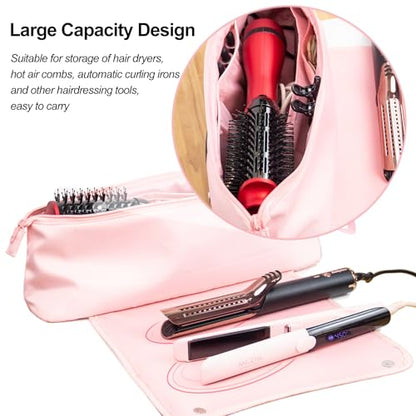 ANGENIL Large Capacity Heat Mat Hot Hair Iron Tools Travel Bag, 2 in 1 Portable Organizer Bags with Large Heat Resistant Mat for Hair Straighteners, Curling Irons, Hot Air Brushes, Travel Essentials - color: Blush