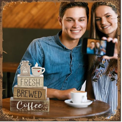 Yuntau 5 Pcs Wooden Coffee Bar Decor Cocoa Tiered Tray Decor Rustic Wood Bar Sign Gift Farmhouse Table Top Centerpiece Stacks Block Sign for Home Shelf Mantel Kitchen - style: Coffee Bar