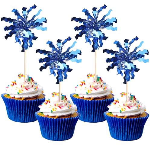 30 PCS Foil Firework Cupcake Toppers Sparkle Tinsel Cupcake Picks Happy Birthday Cake Toppers Drink Stirrers Cocktail Fruit Toothpicks for Baby Shower Birthday Party Decorations Supplies Dark Blue - color: Dark Blue