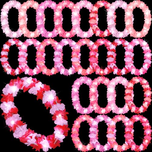 Sherr 24 Pcs LED Leis Light up Wedding Hawaiian Leis Flower Necklace with LED Lights Beach Tropical Carnival Party Wedding Supplies Luau for Masquerade(Pink Series) - color: Multi Pink