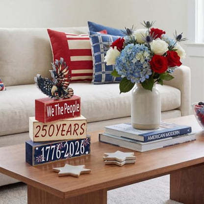 GlikCeil 4 Pcs 250th Anniversary Table Decoration 4th of July Tiered Tray Decor Eagle Patriotic Wooden Block Sign 1776-2026 Independence Day Centerpiece Rustic Star Tabletop Eagle Decor for Indoor - style: Eagle