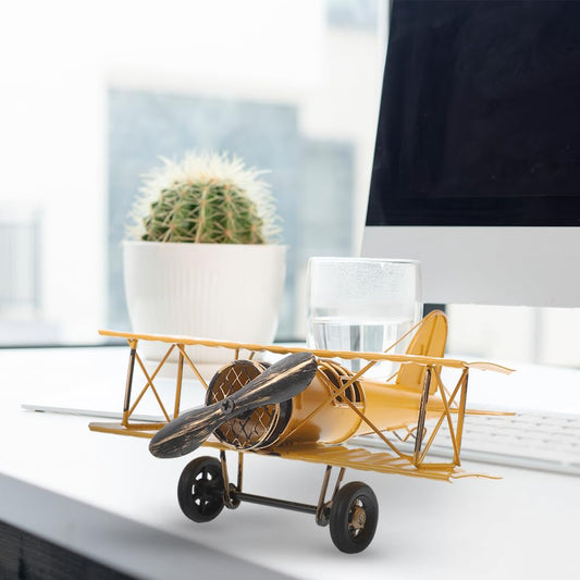 ibasenice Retro Aircraft Model Vintage Airplane Desk Decor Faux Leather Small Plane Ornament 8.34 Inch for Home Office Study Tabletop Decoration - color: Yellow