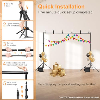 Backdrop Stand, 10x7ft(WxH) Photo Background Stand Adjustable Support Kit with 2 Crossbars, 8 Backdrop Clamps, 2 Sandbags and Carrying Bag for Parties Photography Wedding Decoration - size: 7×10ft