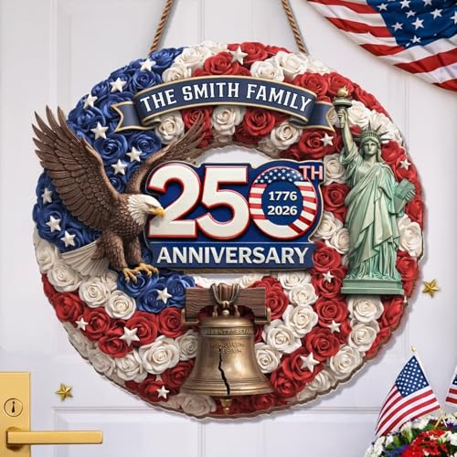 Personalized 250th Anniversary Patriotic Wood Wreath Door Sign 1776-2026, Custom Family Name Round Door Hanger, Independence Decor, Decoration Gifts, Gift For Mom, Dad, Brother, Family /13 - color: Design 13