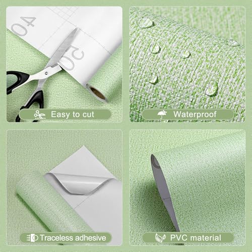 Peel and Stick Grasscloth Wallpaper Texture 17.3 x 80 Inch Green Faux Linen Contact Paper Self Adhesive Removable Vinyl Wall Paper for Bedroom Cabinets Shelf Liners Waterproof Easy Clean - color: Green, size: 17.3" x 80"