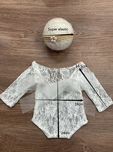 Baby Photography Props Outfit Lace Rompers Newborn Girl Photo Shoot Outfits Flower Headband Princess Costume - color: White