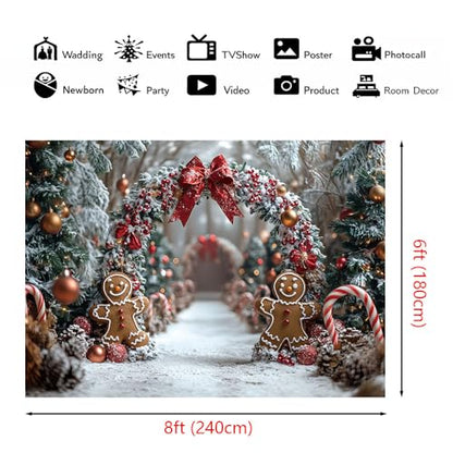 AIBIIN 8x6ft Winter Christmas Gingerbread Man Backdrop Snowy Christmas Tree Arch with Candy Canes and Red Bows Photo Background Holiday Winter Wonderland Birthday Party Baby Shower Vinyl Studio Prop - color: Gingerbread Man, size: 8x6ft