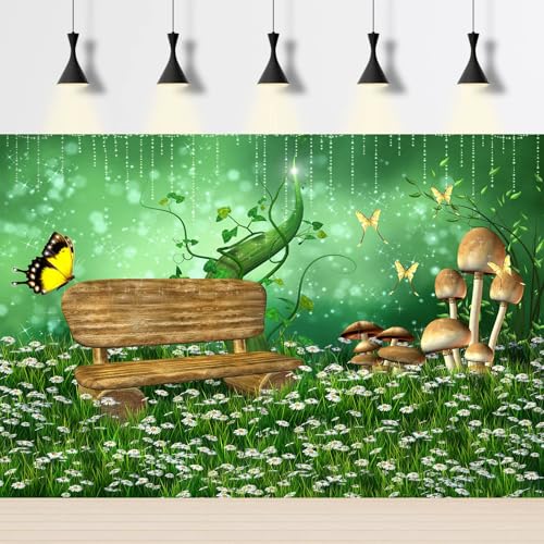 Wonderland Garden Backdrop Enchanted Fairy Green Meadow Scenery Photography Background Fantasy White Flowers Misty Foggy Evening Backdrop Spring Mushroom Butterfly Background Cake Table Props 5x3ft - color: Green White, size: 5x3ft