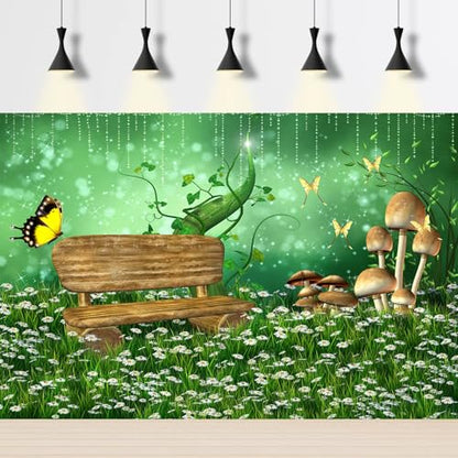 Wonderland Garden Backdrop Enchanted Fairy Green Meadow Scenery Photography Background Fantasy White Flowers Misty Foggy Evening Backdrop Spring Mushroom Butterfly Background Cake Table Props 5x3ft - color: Green White, size: 5x3ft