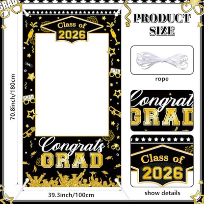 AIBIIN Class of 2026 Graduation Photo Backdrop Black and Gold Graduation Decorations Congrats Grad Party Decoration for High School College
