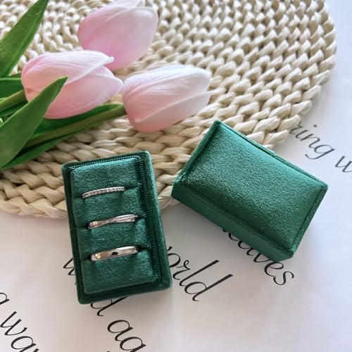 Rectangle 3 Slots Italian Velvet Jewelry Box Engagement Wedding Photo Ring Box Keepsake Box Triple Ring Gift Box (Dark Emerald) - color: Dark Emerald
