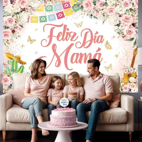 Feliz Dia Mama Banner Backdrop 7x5FT Mexican Happy Mother's Day Photography Background Pink Flowers Cactus Best Mom Ever Party Decorations Supplies Photo Props - size: 7x5FT