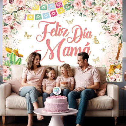 Feliz Dia Mama Banner Backdrop 7x5FT Mexican Happy Mother's Day Photography Background Pink Flowers Cactus Best Mom Ever Party Decorations Supplies Photo Props - size: 7x5FT
