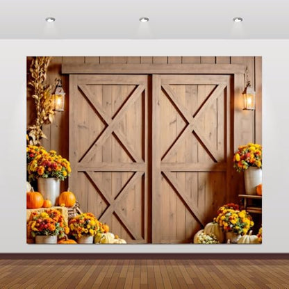 Fall Backdrop 10x8ft Thanksgiving Autumn Harvest Photography Backdrop Pumpkin Maple Leaves Barn Door Background for Friendsgiving Studio Party Banner Photo Booth Props