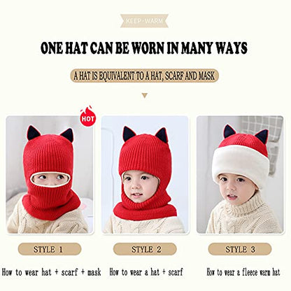 Kids Winter Plus Velvet Thickened face Protection Scarf Cute Beanie Cap Skull Caps Winter Soft Warm Knit Caps - color: Hat3-pink