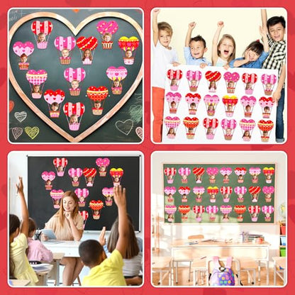 60pcs Valentine's Day Theme DIY Cutouts Hot Air Balloon Bulletin Board Decoration Set Heart Shape Balloon Paper Cut-Outs Decor for Valentines Classroom DIY Photo Craft Party School Wall Door Supplies - style: Valentine's Day Hot Air Balloon