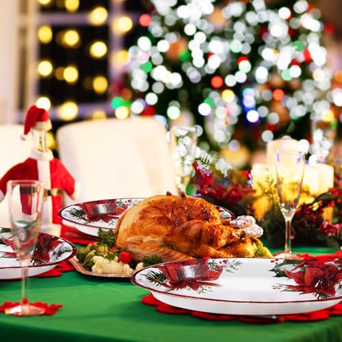 50 Pcs Christmas Oval Plates 10" x 12" Large Disposable 400 GSM Heavy Duty Red Poinsettia Floral Paper Dessert Plates Christmas Birthday Party Decorations for Festive Xmas Theme Dinner Party Supplies - style: Poinsettia Flower Oval Plate
