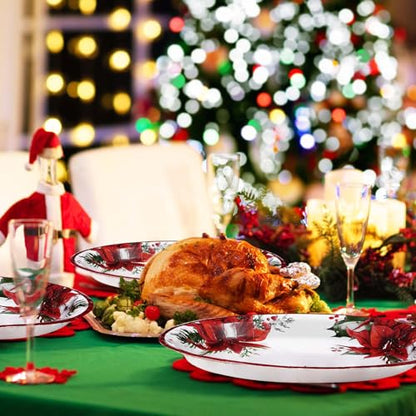50 Pcs Christmas Oval Plates 10" x 12" Large Disposable 400 GSM Heavy Duty Red Poinsettia Floral Paper Dessert Plates Christmas Birthday Party Decorations for Festive Xmas Theme Dinner Party Supplies - style: Poinsettia Flower Oval Plate