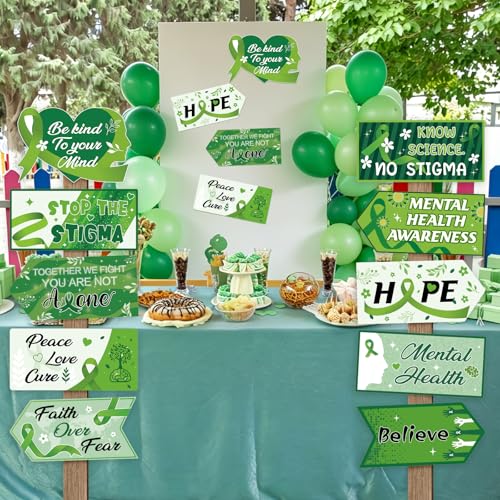 Hooqict 20 Pieces Mental Health Awareness Decorations Signs Motivational Inspirational Green Ribbon Party Directional Sign for Mental Health Awareness Month Therapy Counseling Office Decorations - style: Mental Health