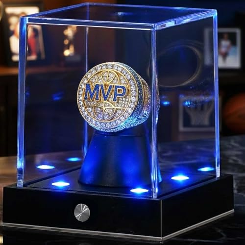 JupDec Cordless LED Championship Ring Display Case, Clear Acrylic Single Ring Holder with 10 Color Light up, Autograph Ring Showcase with Memory Function, Ideal Gift for Sports Fans - size: 1 Pack