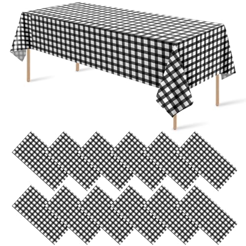 12Pack Black and White Plastic Checkered Tablecloth, Premium Decorative Disposable Black Gingham Plaid Tablecloths for Parties, Rectangle Party Table Cover for Picnic Farm Birthday Wedding, 54x108Inch - color: Black Checkered, size: 54"x108"-12 Pack