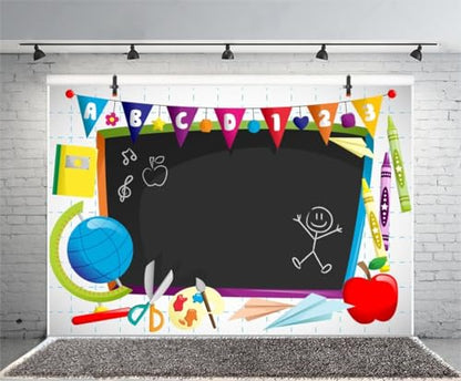 Leyiyi 9x6ft Vinyl Photography Background Welcome to Kindergarten Backdrop Cartoon ABC Letters Black Blackboard Watercolor Pen Paper Airplane Globe Back to School Themed Party Backdrops Banner - color: Black, size: 9x6ft-Vinyl