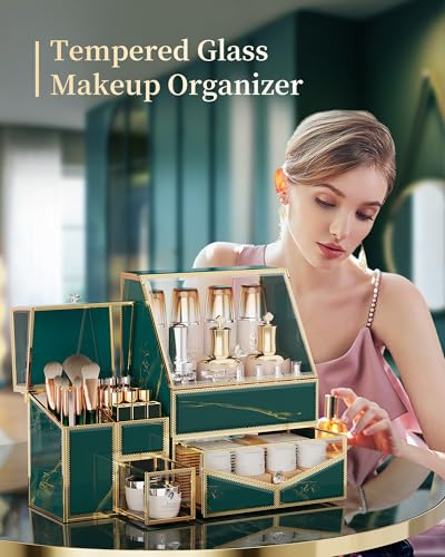 Youdepot Glass Makeup Organizer for Vanity and Bathroom Countertop – Large Cosmetic Display Case and Skincare Storage Solution - color: Green