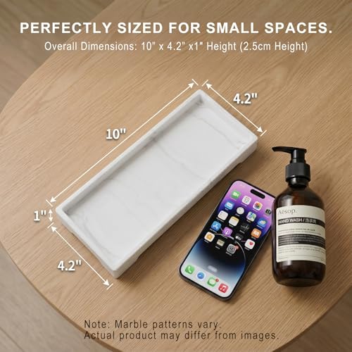 Countertop Vanity Tray - Silicone Bathroom Sink Organizer & Kitchen Soap Tray, Footed Anti-Slip Design, Waterproof Caddy for Perfume, Jewelry, Makeup, Bottle, Oil, Sponge Holder, White Marble 10"x4.2" - color: White Marble