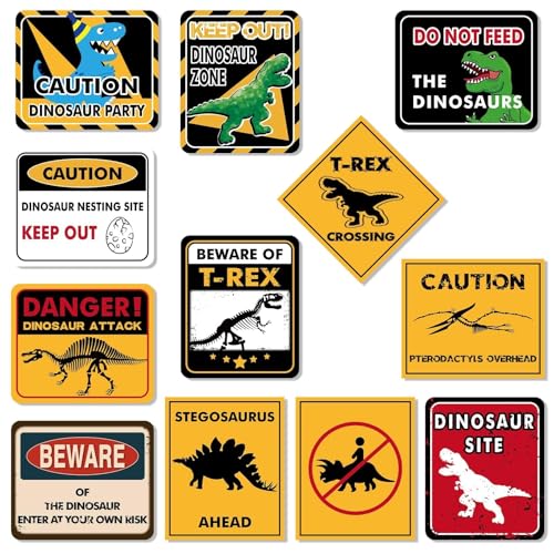 WERNNSAI Dinosaur Birthday Decorations - 12 PCS Dinosaur Party Supplies for Boys Kids Dino Birthday Funny Sign Decor for Jurassic Theme Baby Shower Holiday Party Favors Caution T-Rex Sign Wall Decor - style: Dinosaur 001