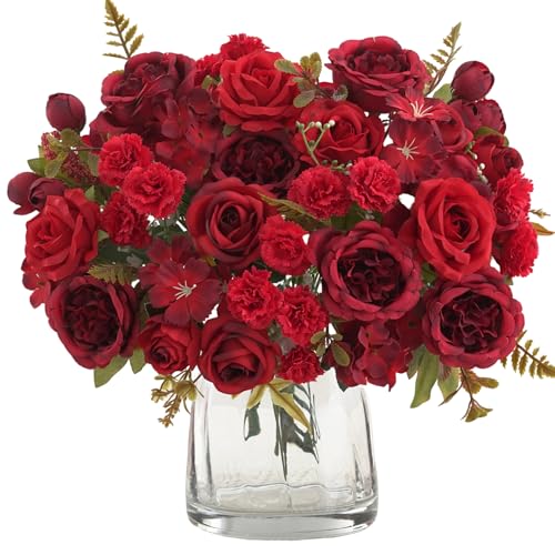 8 Pcs Mixed Artificial Peony Flowers Set-4 Bouquets & 4 Stems, Red Fake Peony Rose Hydrangea Flowers for Vase Silk Floral Arrangements for Table Centerpiece Wedding Party Bridal Decoration Home Decor - color: Red, size: Mixed 8pcs