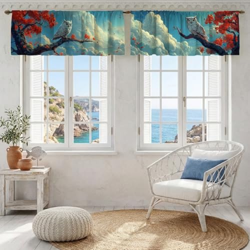 Owl Curtain, Two-Pack, Autumn Tree Branch Sky Fantasy Red Leave,Applicable to Bathroom, Bedroom, 54x18 inches. - color: Owl