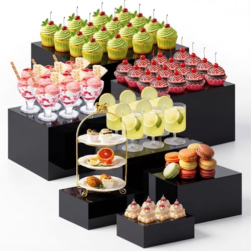 Leinuosen 7 Pcs Extra Large Buffet Risers Set 8" to 14" Square Acrylic Display Box Catering Dessert Table Riser Food Display Decorative Stand with Hollow Bottom for Catering Supplies(Black) - color: Black, size: 8" to 14", style: Square