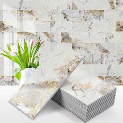 Vamos Tile 100-Piece Peel and Stick Backsplash Seamless Tile,3''x6'' Glossy Pandora Marble with Gold Veining PVC Subway Tile,Stick on Backsplash for Kitchen/Bathroom/Laundry Room - color: Pandora Marble with Gold Veining
