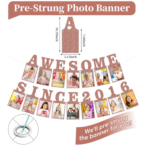 Pre-strung Awesome Since 2016 Photo Banner Birthday Decorations for Girls Women- Pink Rose Gold Glitter Happy 10th Birthday and Anniversary Decorations Party Supplies - style: Pink Rose Gold 10th