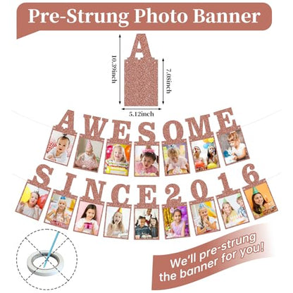 Pre-strung Awesome Since 2016 Photo Banner Birthday Decorations for Girls Women- Pink Rose Gold Glitter Happy 10th Birthday and Anniversary Decorations Party Supplies - style: Pink Rose Gold 10th