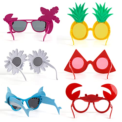 FINGOOO Hawaiian Luau Party Sunglasses, 6 Pairs Summer Pool Tropical Beach Funny Sunglasses Glasses for Adults Kids Luau Party Favors