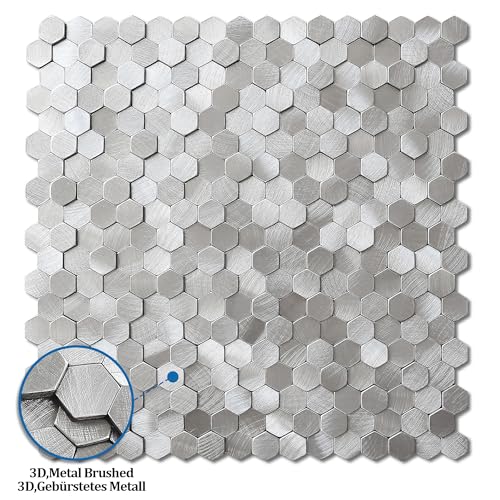 3D Metal Peel and Stick Backsplash for Kitchen,Mini Hexagon Tile Stickers Self Adhesive Wall Tiles Heat Resistant(8 Sheets,Silver) - color: Silver
