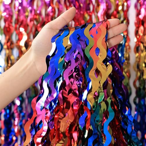 3 Pack Colorful Foil Fringe Curtain Backdrop - 6.6 x 3.3 ft Wavy Rainbow Tinsel Backdrop Curtain Metallic Streamers Iridescent Holiday Photo Booth Party Decorations - color: Rainbow