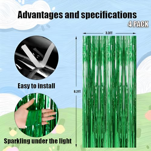 Valentines Day 4 Pack 3.3 * 8.3 ft Foil Curtain Metallic Tinsel Fringe Curtains Photo Booth Props Backdrop for Birthday Wedding Engagement Baby Shower Christmas Holiday Celebration Partyl,Green - color: Green, size: 4 Pack