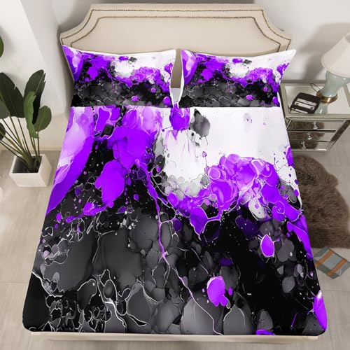 Abstract Art Fitted Sheet Purple Twin Bed Sheets | Ombre Marble Texture Ink Fluid Art Gradient Black Marbling Bed Set - color: Purple, size: Twin