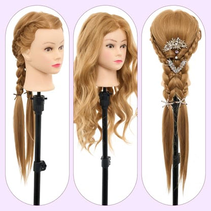 Mannequin Head with 80% Real Human Hair - 28 Inch Cosmetology Hairdressing Training Head Practice Doll Head Manikin Styling Head Braiding Mannequin Head - color: Blonde#27B