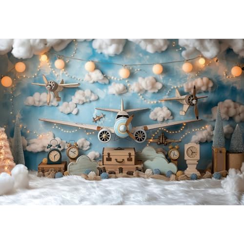 YongFoto Travel Adventure Aircraft Backdrop 5x3ft Cute Clouds Sky Airplane Photography Background Adventure Awaits Baby Shower Boy 1st 2nd Birthday Party Banner Kids Portraits Photoshoot Wallpaper - color: Style 2, size: 5ftx3ft