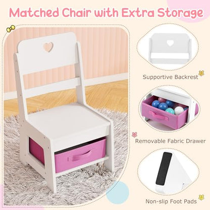 Costzon Kids Vanity, Girls Vanity Set with Lighted Mirror, Bookshelf, Jewelry Storage, Toddler Makeup Vanity Desk Dressing Table, Wooden Kids Vanity Table and Chair Set (White) - style: White