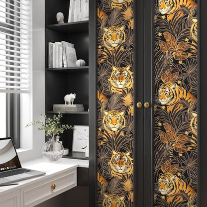 BOKEBEVE Black and Gold Tiger Wallpaper Peel and Stick Leaf Wall Paper Jungle Tropical Contact Paper for Bedroom Living Room Bathroom Renter Friendly Removable 17.5 x 118In - color: Black/Gold/Brown, size: 17.5" x 118"