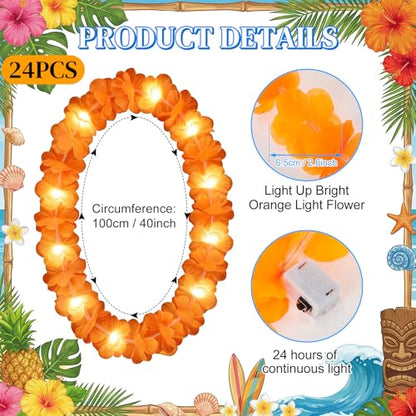 Sherr 24 Pcs LED Orange Leis Light up Wedding Hawaiian Leis Flower Necklace with LED Lights Beach Tropical Carnival Party Wedding Supplies Luau for Masquerade - color: Vibrant Orange