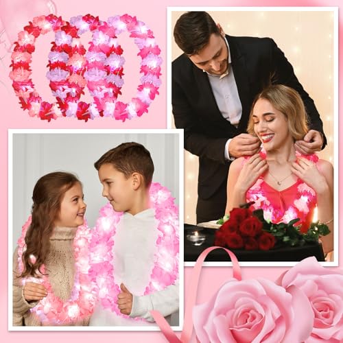 Sherr 24 Pcs LED Leis Light up Wedding Hawaiian Leis Flower Necklace with LED Lights Beach Tropical Carnival Party Wedding Supplies Luau for Masquerade(Pink Series) - color: Multi Pink