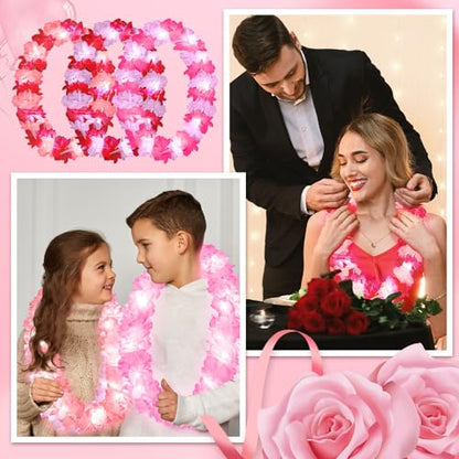 Sherr 24 Pcs LED Leis Light up Wedding Hawaiian Leis Flower Necklace with LED Lights Beach Tropical Carnival Party Wedding Supplies Luau for Masquerade(Pink Series) - color: Multi Pink