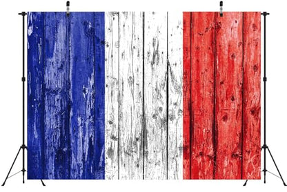 BELECO 9x6ft Fabric France Flag Backdrop Grunge Blue White Red Stripes Wooden Plank Texture Background French Theme Party Decorations Banner Photography Props - size: 9x6FT